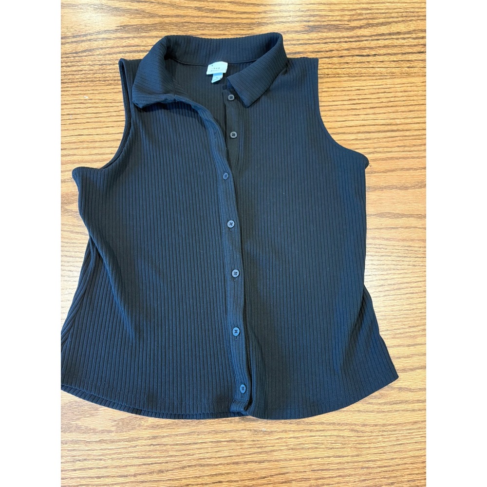 A New Day Womens Black Ribbed Sleeveless Button Down Shirt Collar Top Large